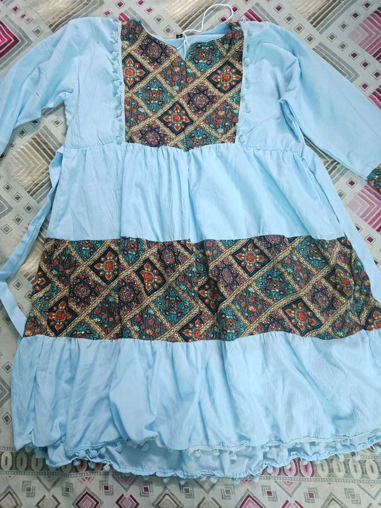 Elegant Light BlueBoho-Chic Long Dress with Ethnic