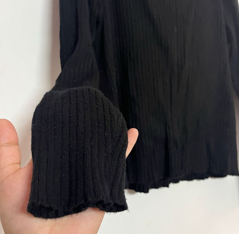 Black Ribbed Knit Long Sleeve Top