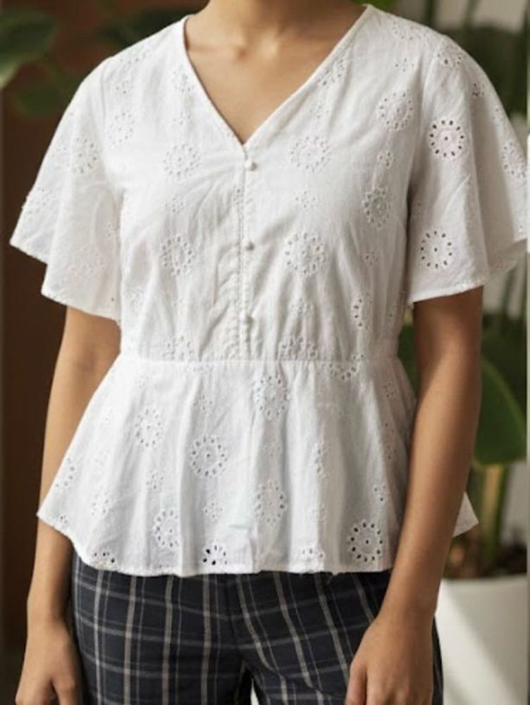 White Eyelet Flutter Sleeve Top