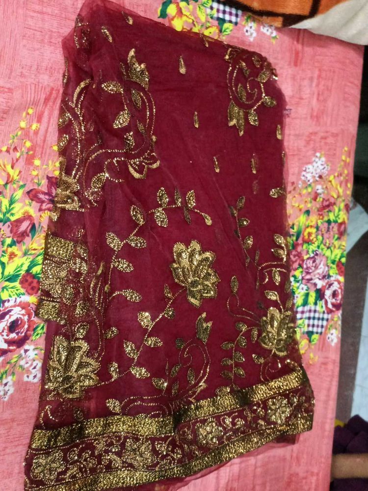 Maroon &amp; Gold Embroidered Dupatta