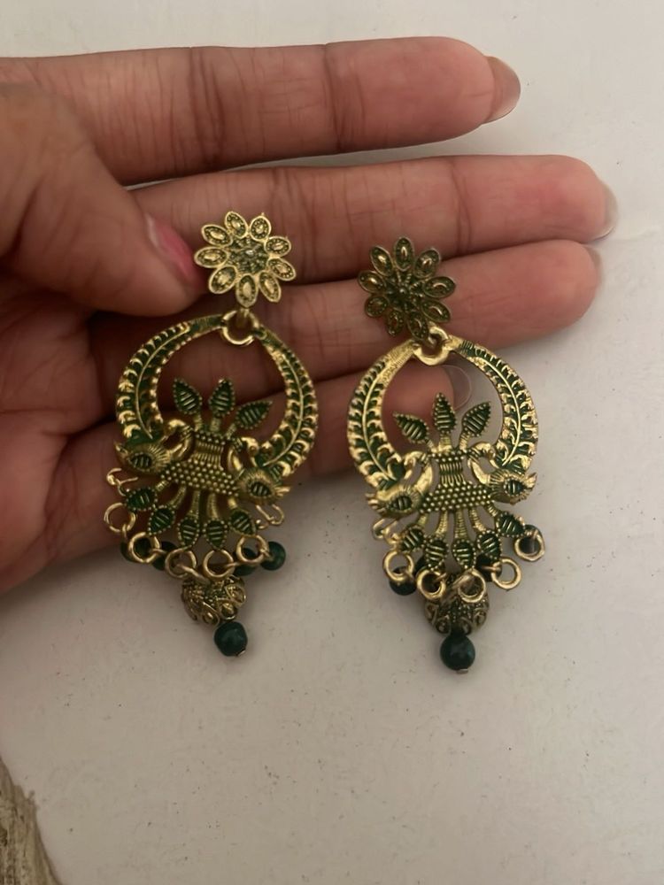 Green &amp; Gold Earrings and orange flower big earrin
