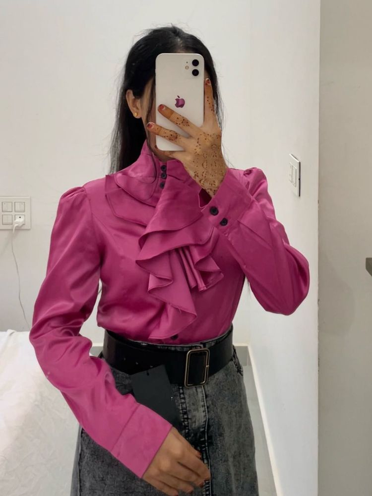 Elegant Victorian Ruffled Magenta Korean Blouse
