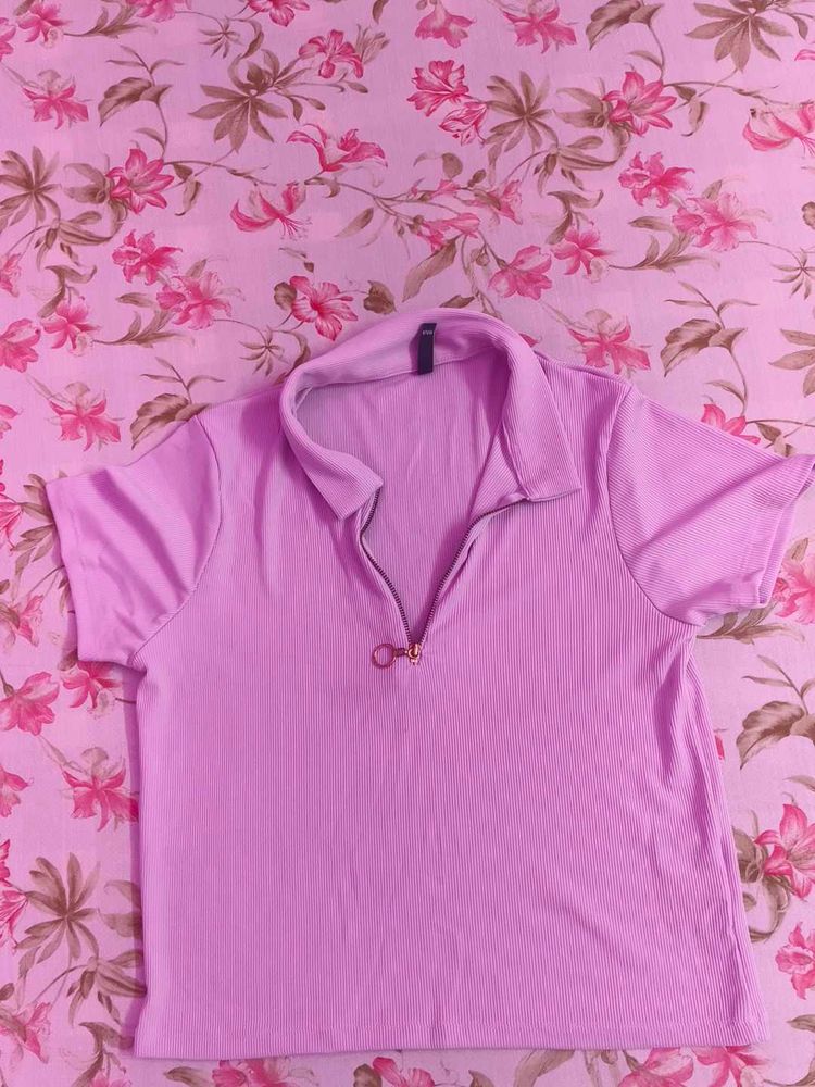 Lilac Ribbed Zip-Up Top