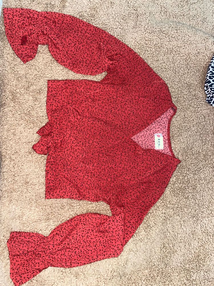V Neck Red Wrap Style Crop Top