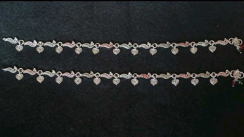 Silver Heart Peacock Anklets