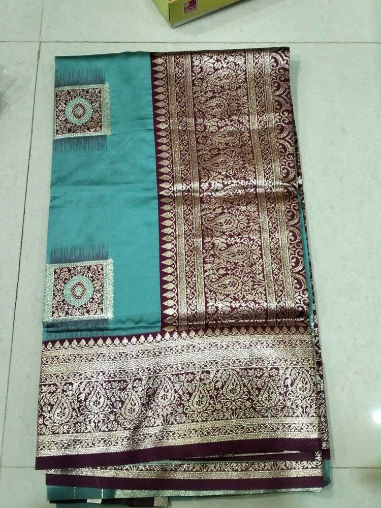 Teal &amp; Gold Banarasi Silk Saree