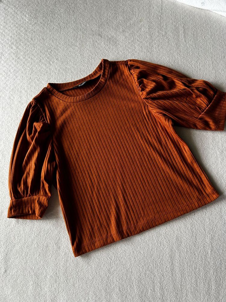 Rust Ribbed Puff Sleeve Top -S