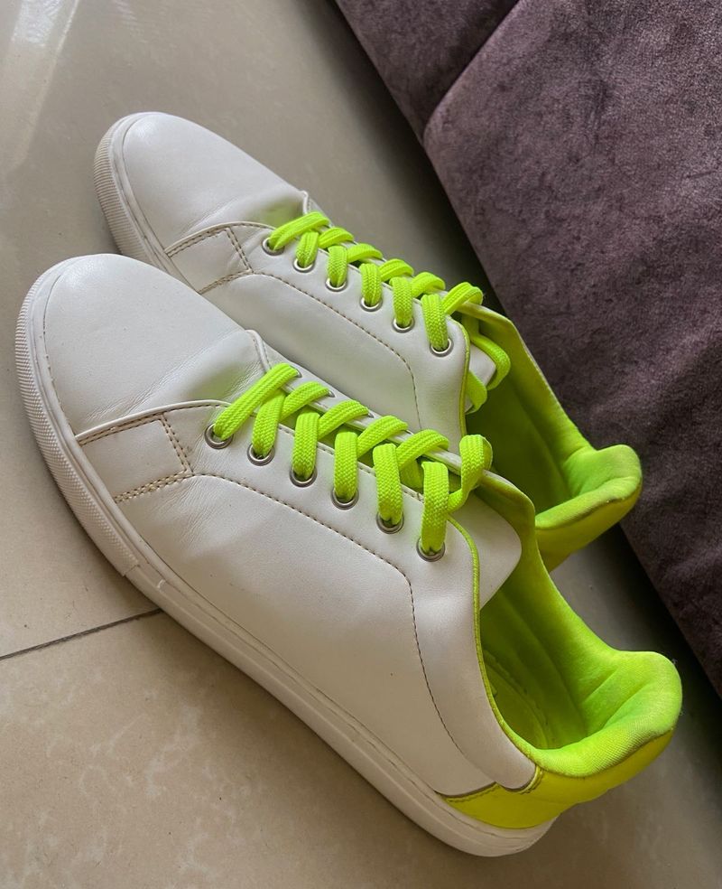 White Sneakers with Neon Green Accents