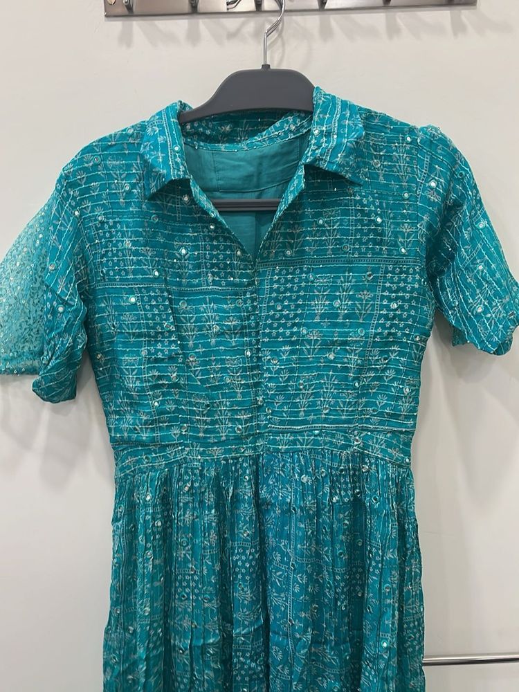 Blue High Slit Sequinned Kurta