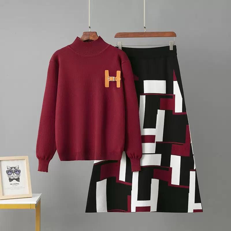 Chic Burgundy Sweater &amp; Skirt Set