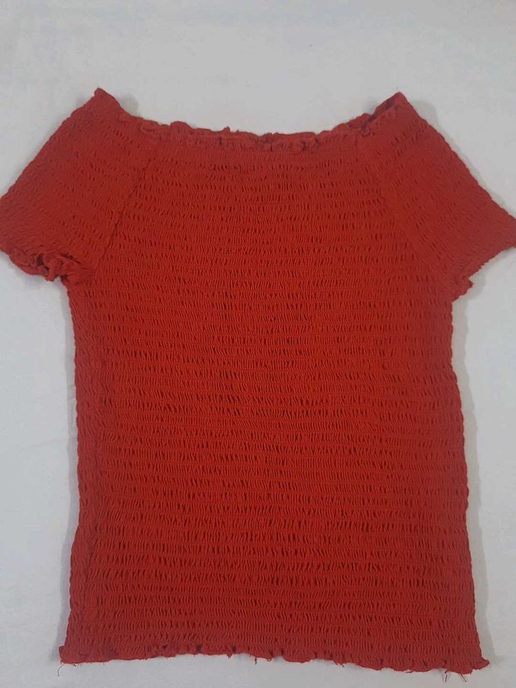 Red Smocked Off-Shoulder Top
