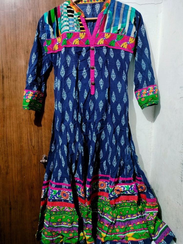 Blue Colorful Anarkali Model Kurthi