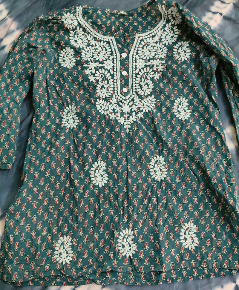 Teal Embroidered Short Kurti