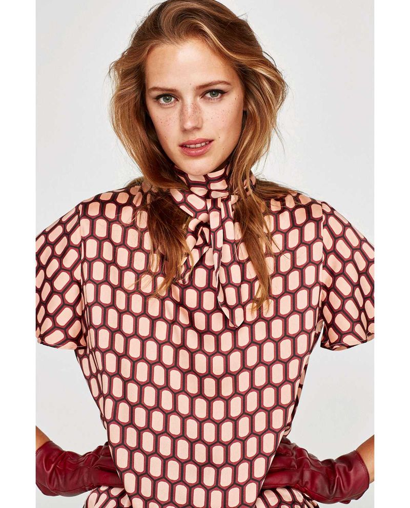 Zara Patterned Tie Neck Top