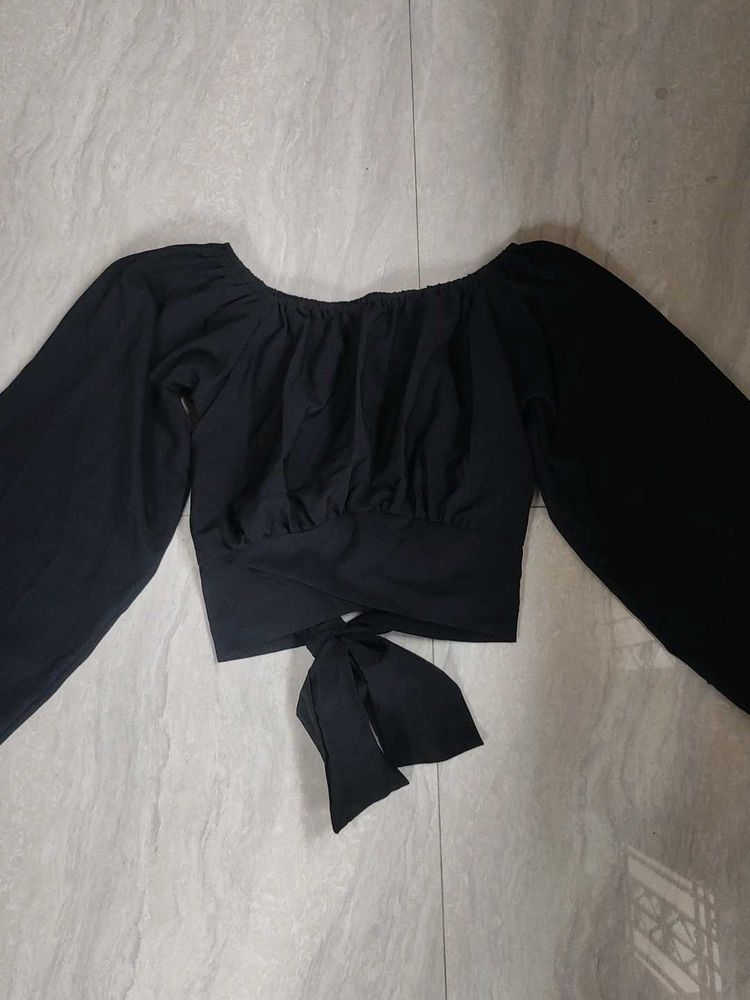 Stylish Black Baloon Top For Women With Back Tie