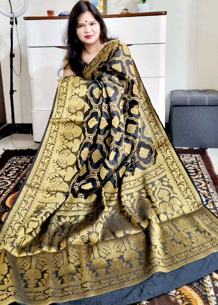Golden Zari Weaving Black South Silk Saree