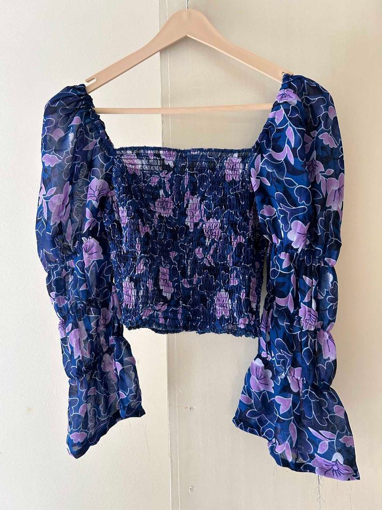 Blue Floral Print Crop Top