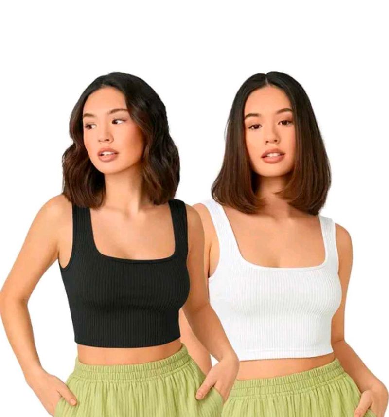 Ribbed Square Neck Crop Tank - 2 Pack