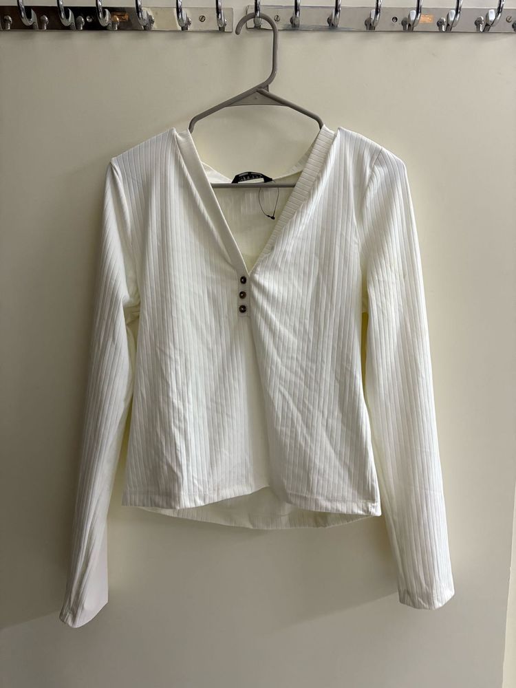 White Ribbed Button-Down Top