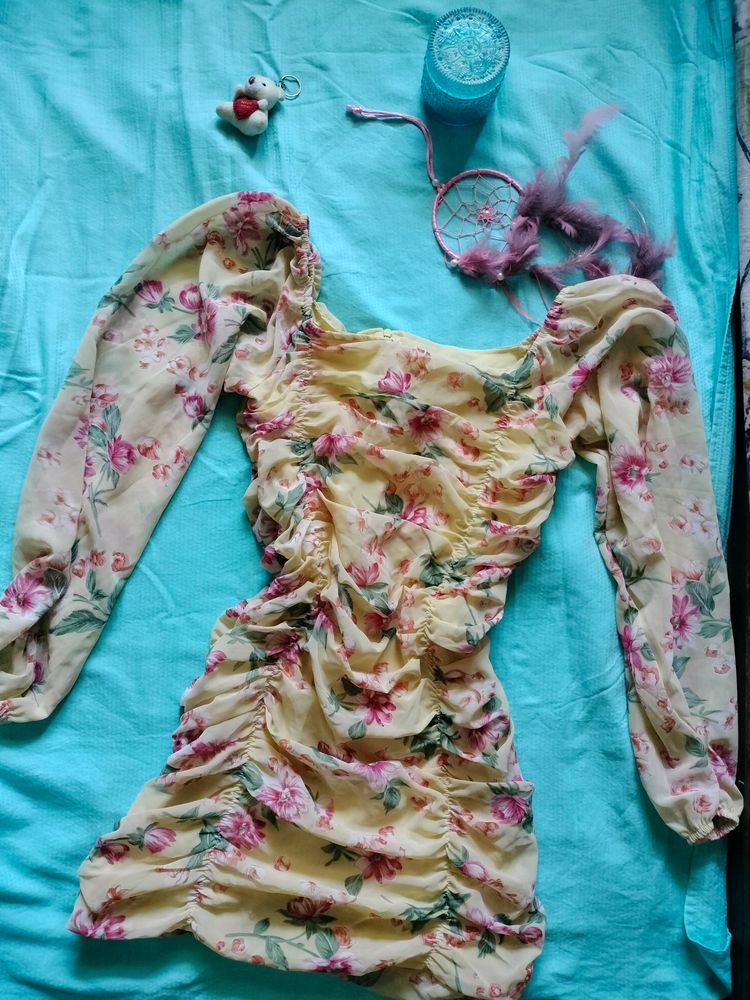 Yellow Floral Summer Dress Bodycon Full sleeve