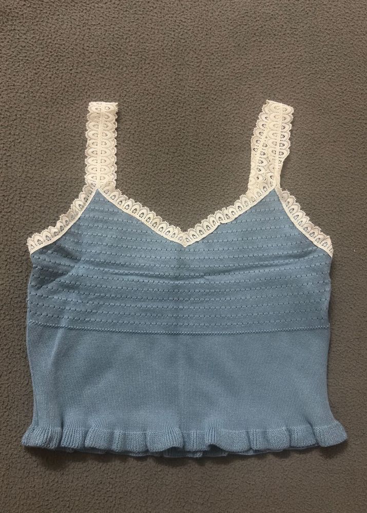 Blue Lace Trim Knit Tank Top