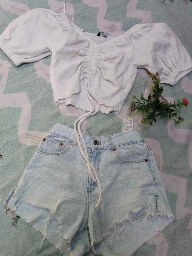Cute Top &amp; Denim Shorts Set