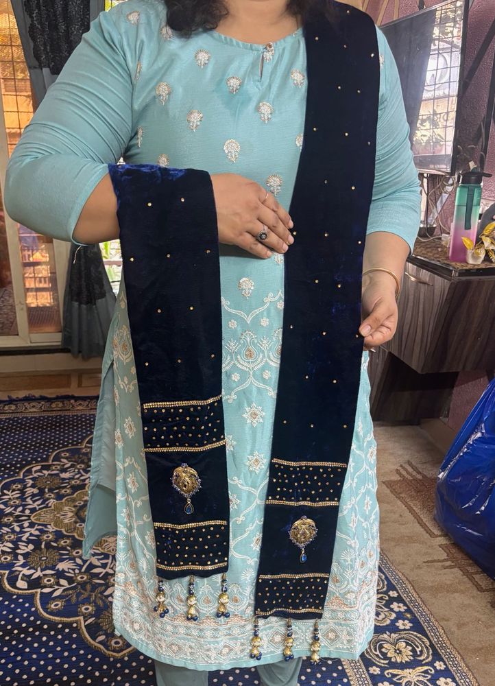 NEW Pure Soft Velvet Navy Blue Wedding Long Dupatt