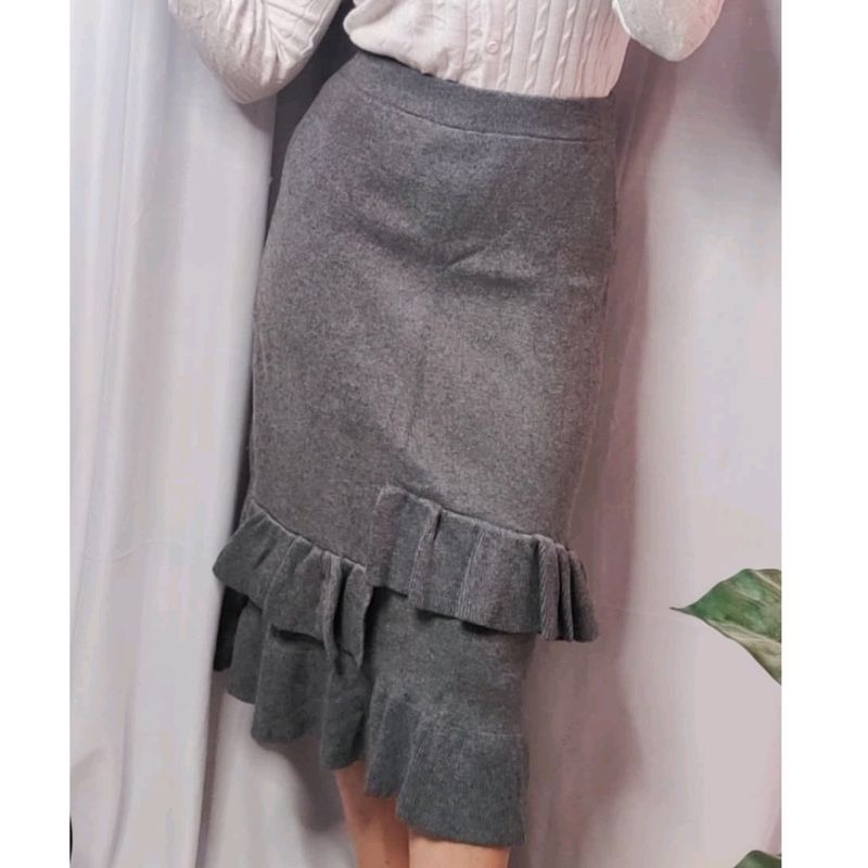 Grey Woolen A-line Skirt with Ruffles in front