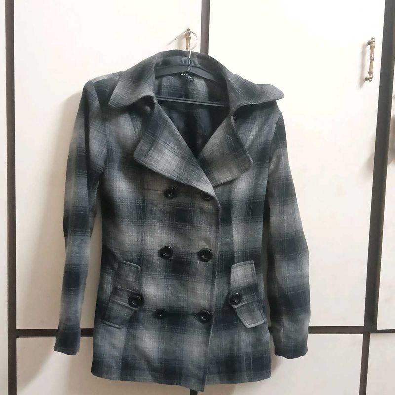 black and grey check mid length coat