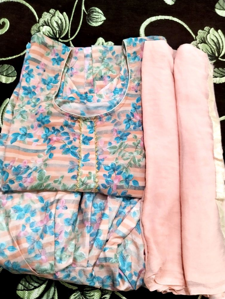 Silk Summer Suit Salwar Peach +Blue Color Combinat