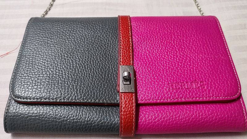 HERMES brand Hot Pink And Dark Grey Clutch With String