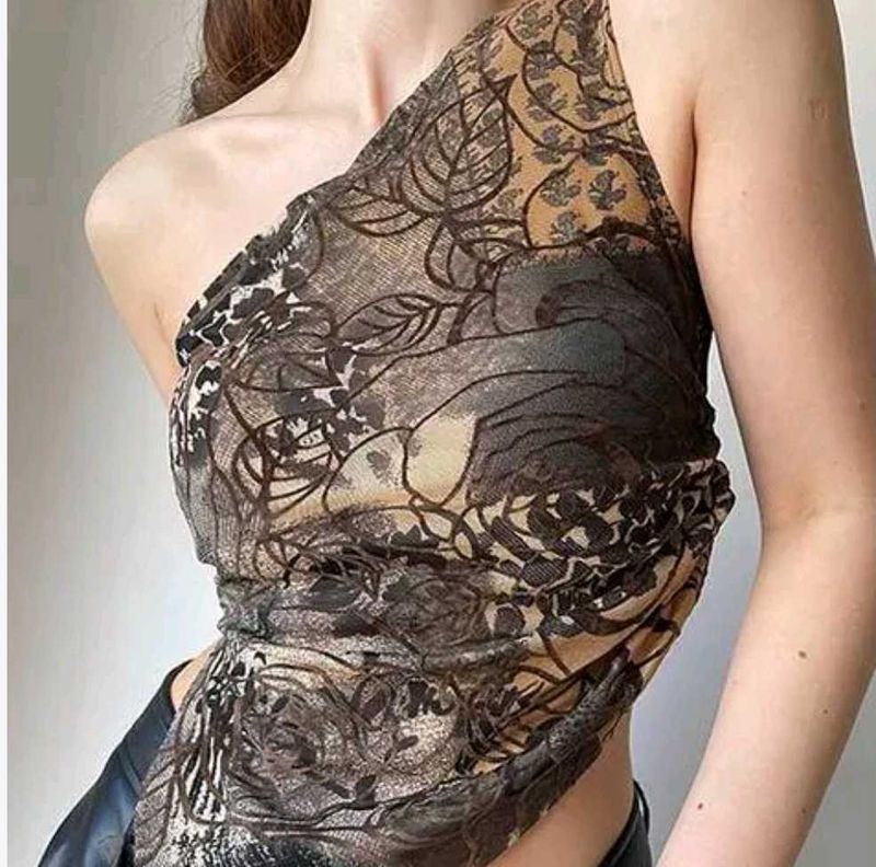 one shoulder brown floral ruched top