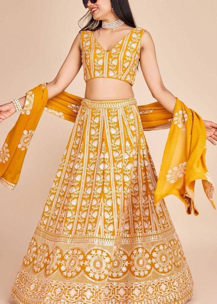 Mustard Embroidered Semi Stitched  Lehnga Choli