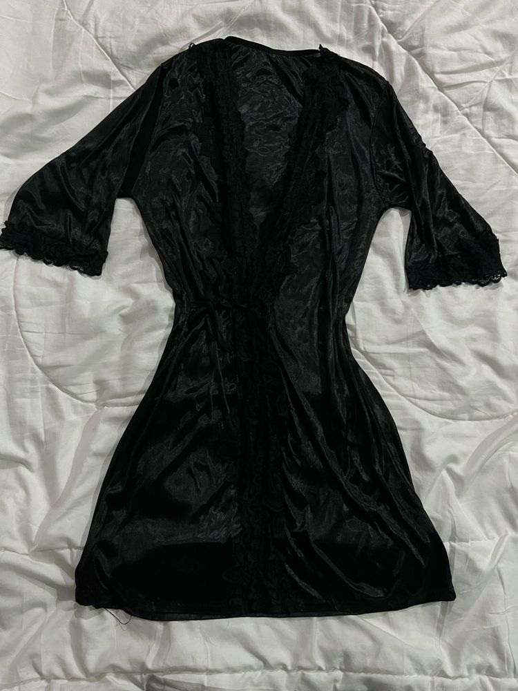 Satin LaceTrim Robe Elegant Lingerie Cover Up