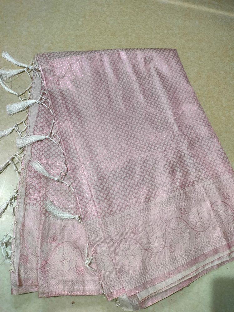 🌸 Soft Pink Silk Saree with Elegant White Border
