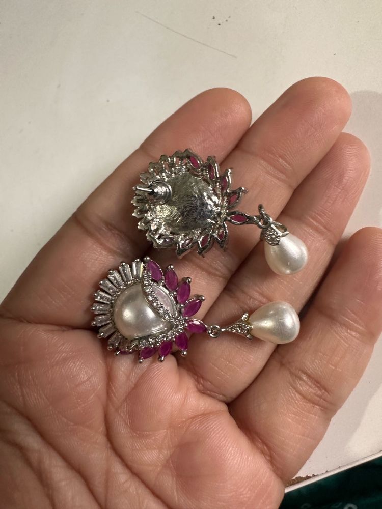 Pearl and Ruby Flower Earrings