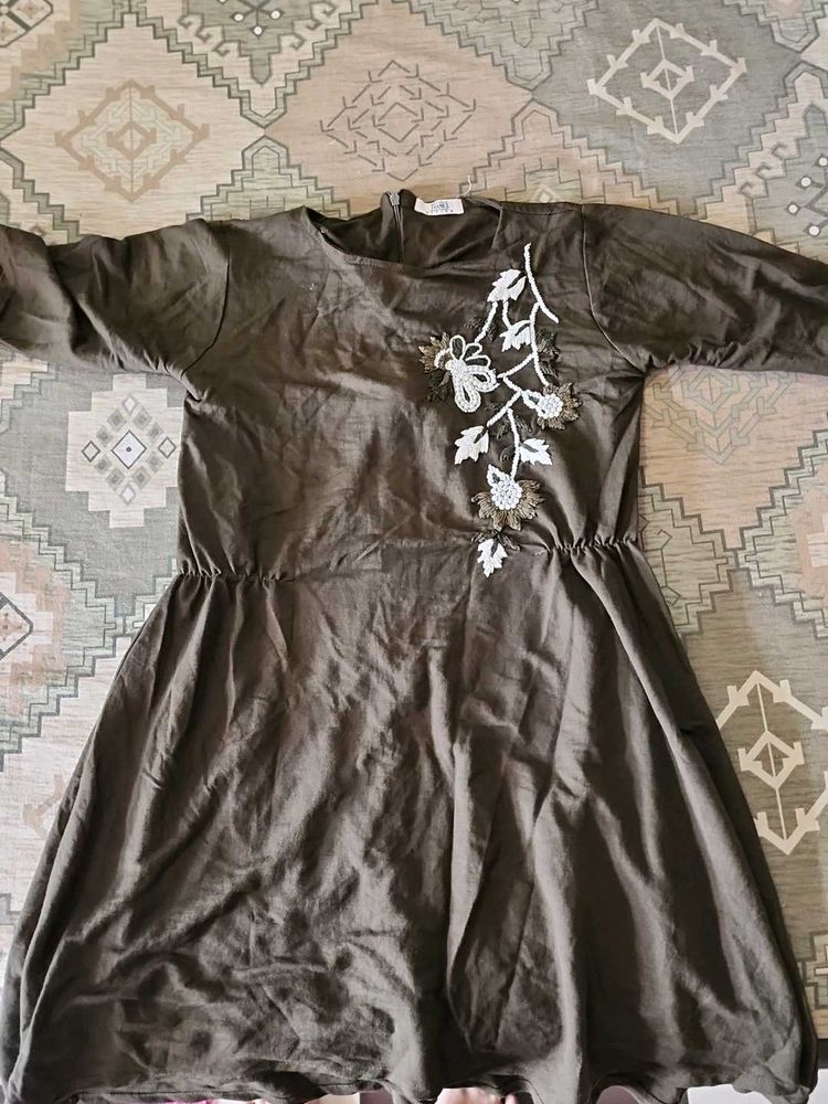 Embroidered Olive Green Dress