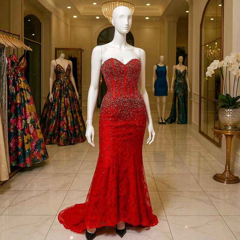 Red Beaded Evening Gown