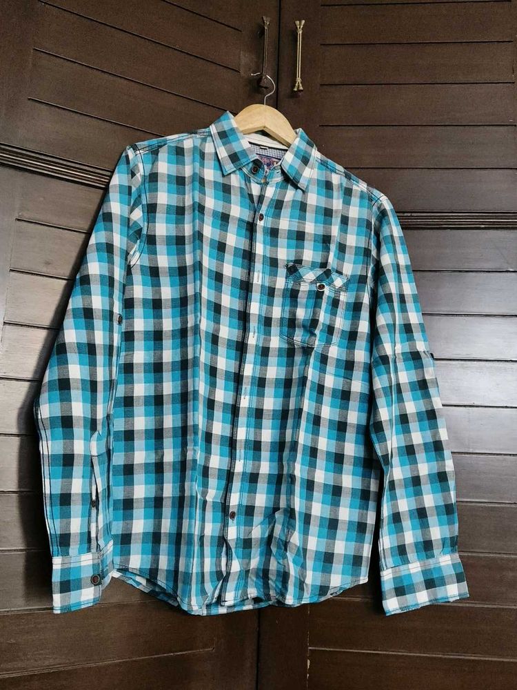 Mufti Men Teal green &amp; White Checkered Shirt