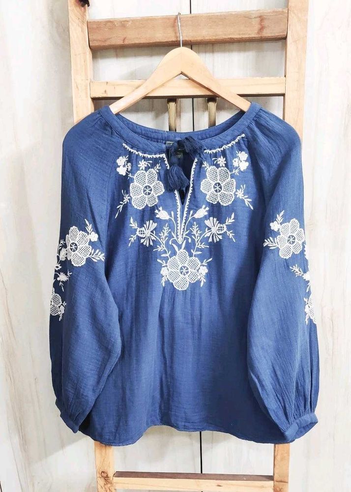 Blue Embroidered Peasant Top size-46