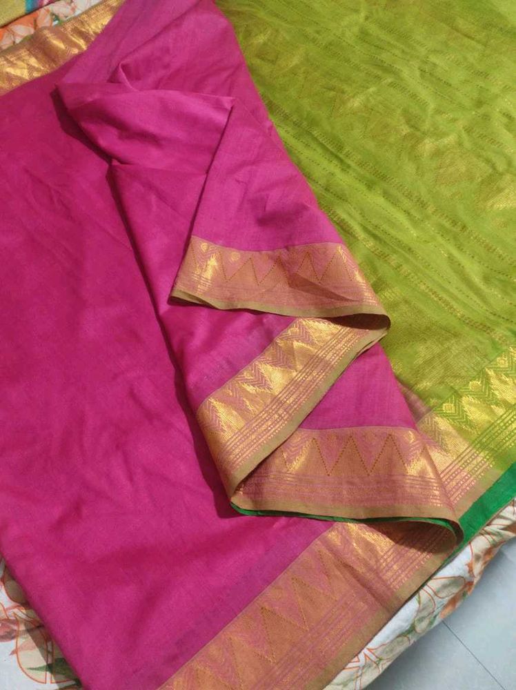 Pink And Green Silk Cotton Saree