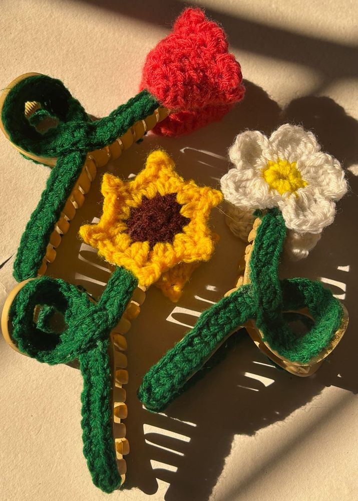 Crochet Flower Hair Clips - Set of 3