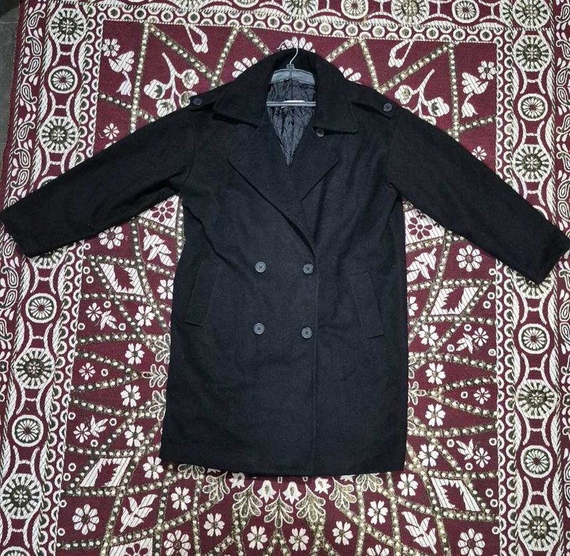 Black Wool Blend Double Breasted Coat