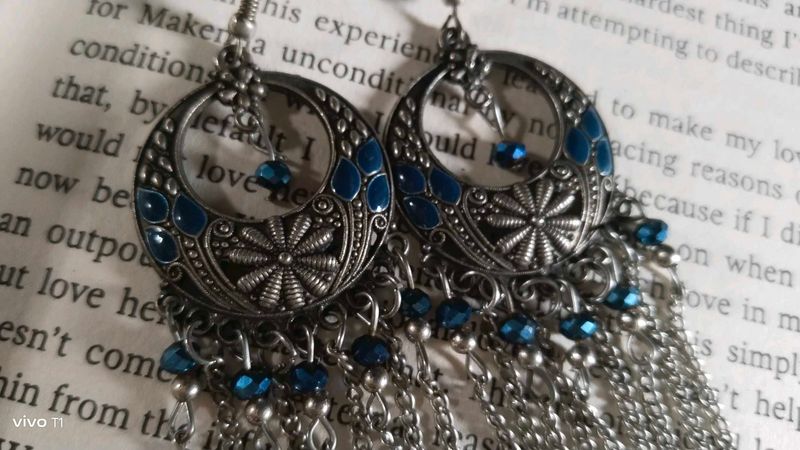 Oxidized crescent moon chandelier earrings