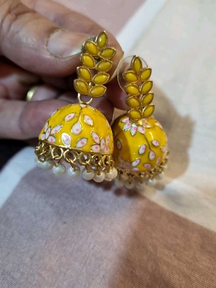Yellow Meenakari Jhumkas