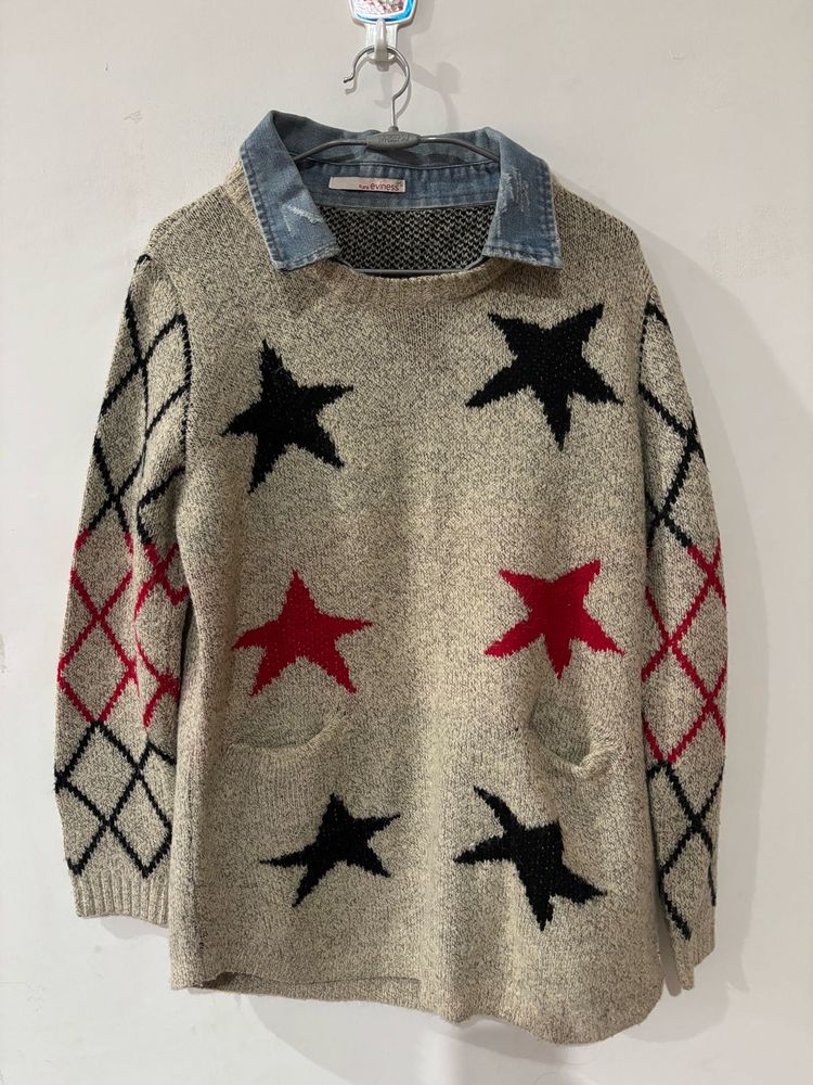 Wool Sweater With Denim Collar