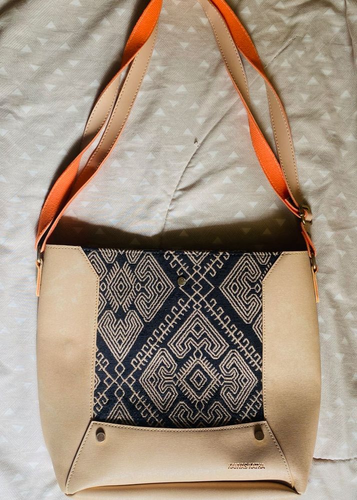Tan &amp; Tribal Pattern Crossbody with Orange Strap