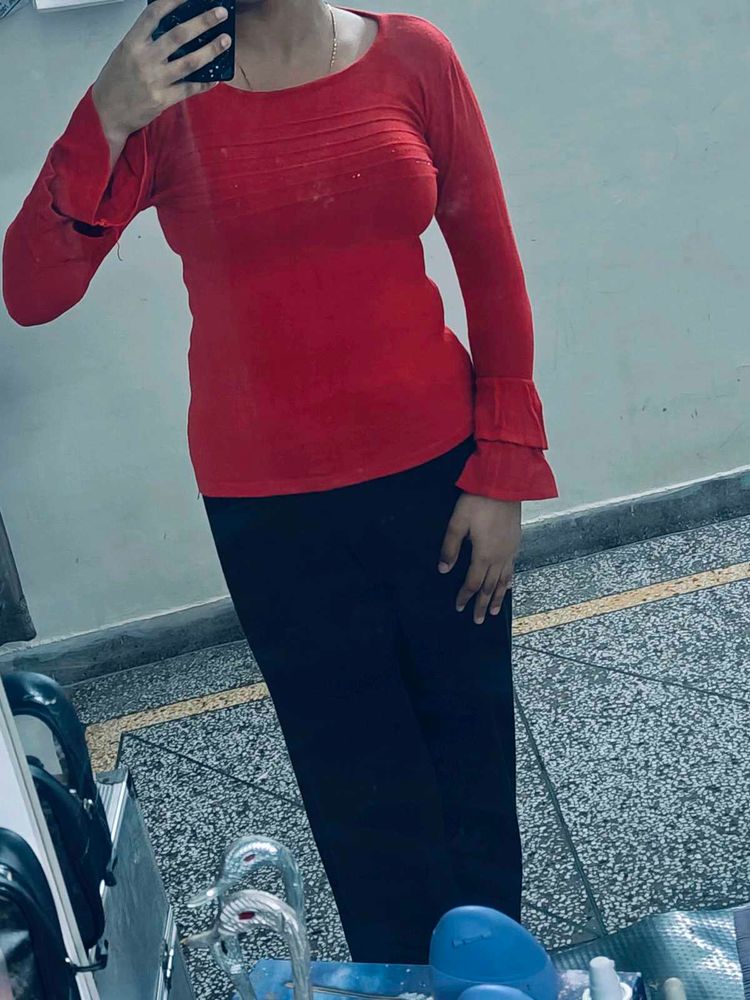 Price Drop Red  Top With Flairs Sleeves Stonework