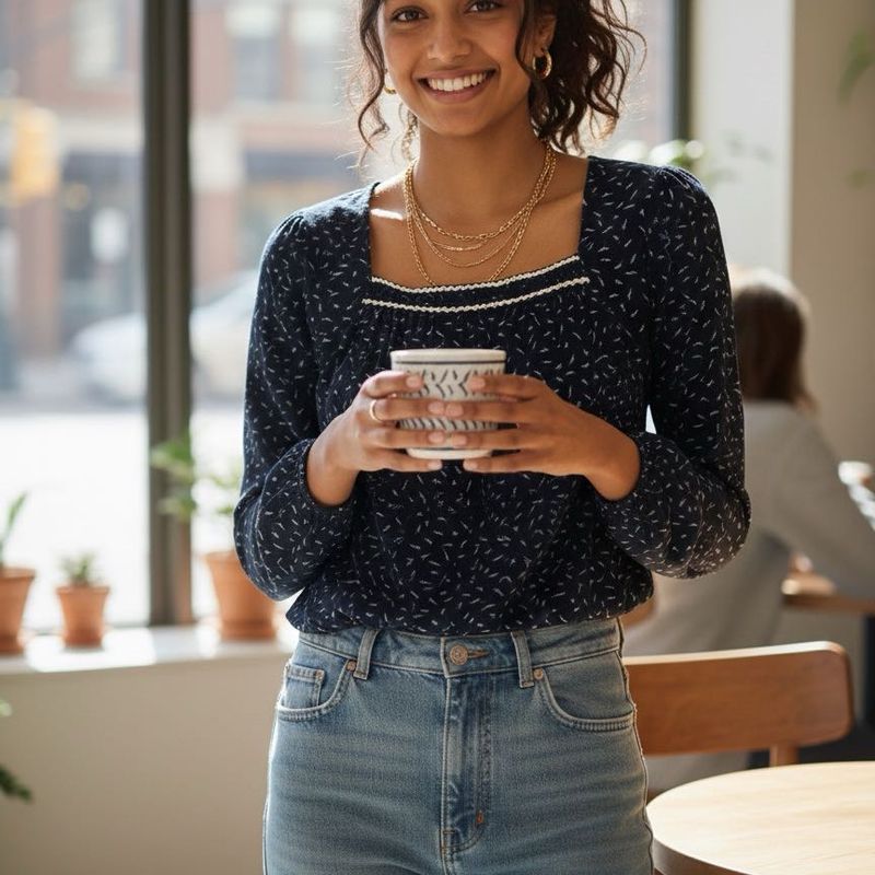 Navy Floral Print Square Neck Top