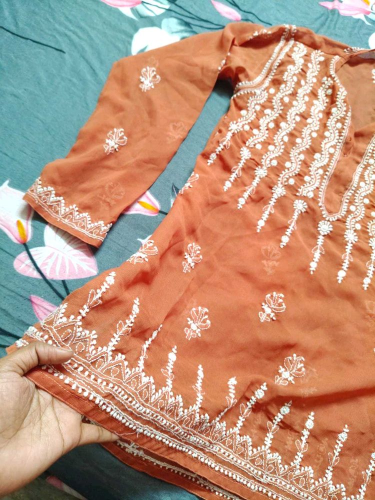 Rust Embroidered Kurti Chikankari